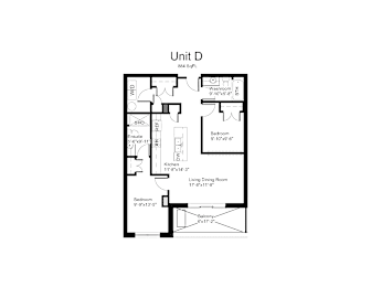 Floorplan of a 2 bedroom, 2 bathroom unit