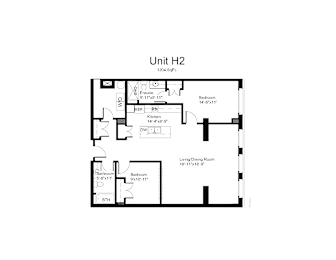 Floorplan of a 2 bedroom, 2 bathroom unit