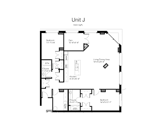 Floorplan of a 2 bedroom, 2 bathroom unit with a den