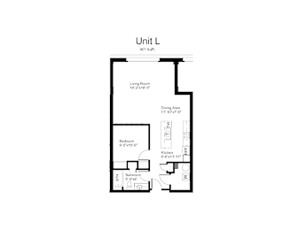 Floorplan of a 1 bedroom, 1 bathroom unit