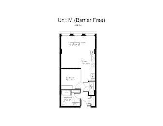 Floorplan of a 1 bedroom, 1 bathroom unit