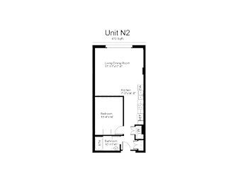 Floorplan of a 1 bedroom, 1 bathroom unit