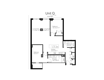 Floorplan of a 2 bedroom, 2 bathroom unit