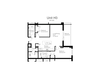 Floorplan of a 2 bedroom, 2 bathroom unit
