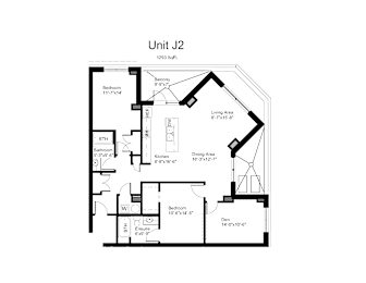 Floorplan of a 2 bedroom, 2 bathroom unit with a den