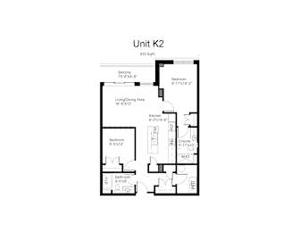 Floorplan of a 2 bedroom, 2 bathroom unit with a den