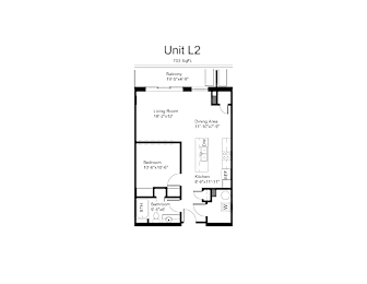 Floorplan of a 1 bedroom, 1 bathroom unit
