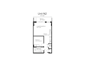 Floorplan of a 1 bedroom, 1 bathroom unit