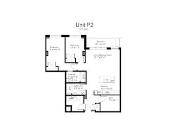 Floorplan of a 2 bedroom, 2 bathroom unit
