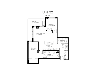 Floorplan of a 2 bedroom, 2 bathroom unit
