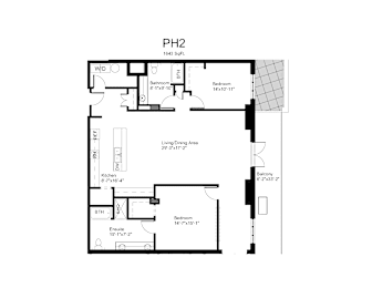 Floorplan of a 2 bedroom, 2 bathroom unit