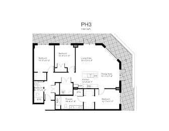 Floorplan of a 2 bedroom, 2 bathroom unit