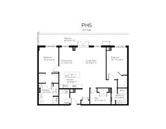 Floorplan of a 2 bedroom, 2 bathroom unit
