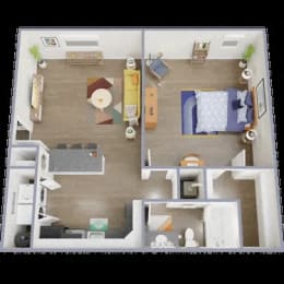 a 3d drawing of a house with a bedroom and a living room