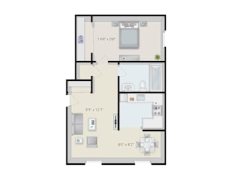 A floor plan of a house with three bedrooms, a living room, a kitchen, and a bathroom.
