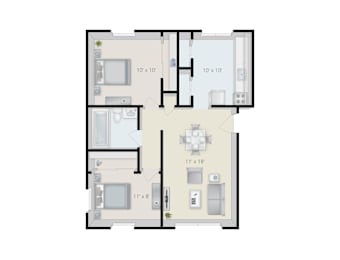 A floor plan of a house with a kitchen, living room, and two bedrooms.