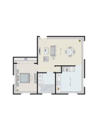 A floor plan of a house with a kitchen, living room, and two bathrooms.