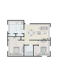 A floor plan of a two-bedroom apartment with a living room, kitchen, and bathroom.