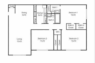 A floor plan of a house with a living room, dining room, kitchen, two bathrooms, and three bedrooms.