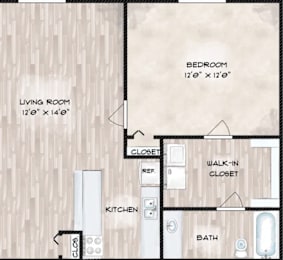 A floor plan of a small apartment with a living room, kitchen, bathroom, and two closets.