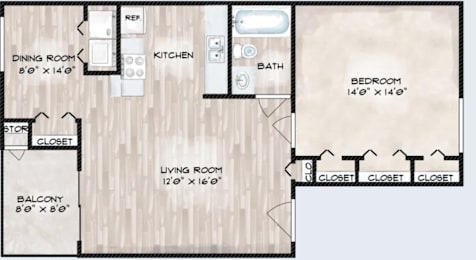 A floor plan of a house with a living room, dining room, kitchen, bedroom, and bathroom.