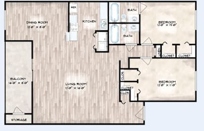 A floor plan of a house with a living room, dining room, kitchen, two bedrooms, a bathroom, a balcony, and storage.