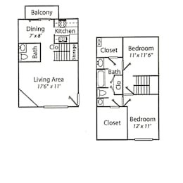 A floor plan of a small apartment with a living area, two bedrooms, a kitchen, and a bathroom.