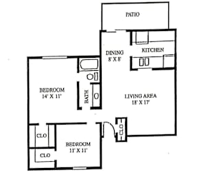 A floor plan of a home with a living area, two bedrooms, a dining area, a kitchen, and a patio.