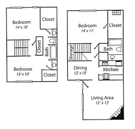 A floor plan of a two bedroom apartment with a living area.