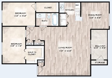 A floor plan of a house with two bedrooms, a living room, a kitchen, a dining room, a bath, a walk-in closet, and storage.