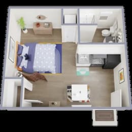 a view of a bedroom with a bed and a living room
