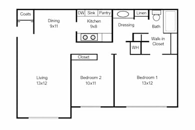 A floor plan of a house with a living room, two bedrooms, a dining room, a kitchen, a bathroom, a walk-in closet, and a pantry.