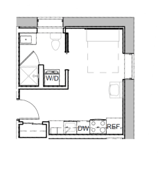 a floor plan of a small house with a bedroom and a bathroom