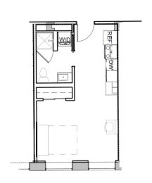 a floor plan of a small house with a bedroom and a bathroom