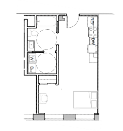 a floor plan of a small house with a bedroom and a bathroom