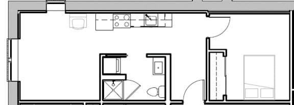 a floor plan of a small house with a bathroom and a kitchen
