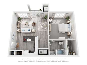 A 3D floor plan of a small apartment with a kitchen, living room, and bedroom.