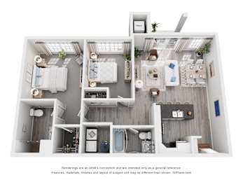 A 3D floor plan of a house with two bedrooms, a living room, a kitchen, and a bathroom.