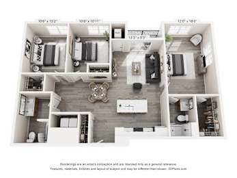 A floor plan of a two-bedroom apartment with dimensions and measurements.