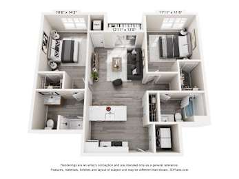 A 3D floor plan of a two-bedroom apartment with dimensions and a disclaimer.