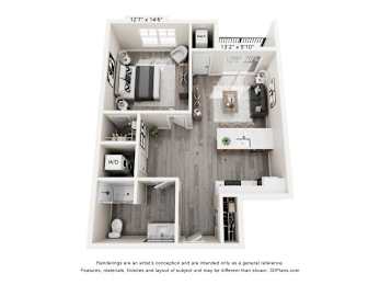 A 3D floor plan of a small apartment with a kitchen, living room, and bathroom.