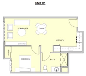 A floor plan of a unit with a living area, dining area, kitchen, bath, and bedroom.