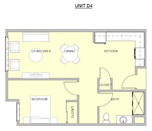 A floor plan of a unit with a living area, dining area, kitchen, bedroom, bathroom, and closet.