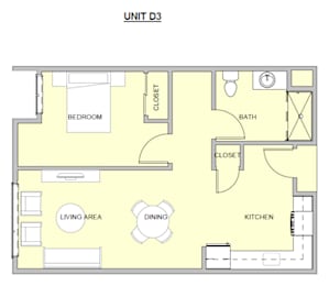 A floor plan of a unit with a bedroom, living area, dining area, kitchen, and bathroom.