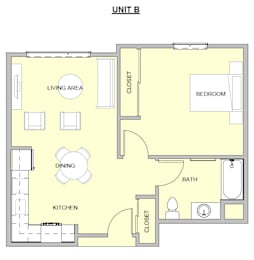 A floor plan of a unit with a living area, dining area, kitchen, bedroom, and bathroom.