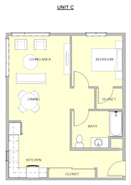 A floor plan of a unit with a living area, dining area, kitchen, bathroom, and two closets.