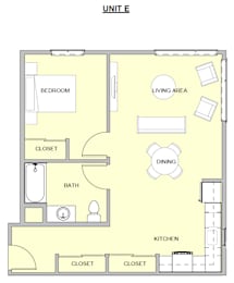 A floor plan of a unit showing a bedroom, living area, dining area, kitchen, and bathroom.