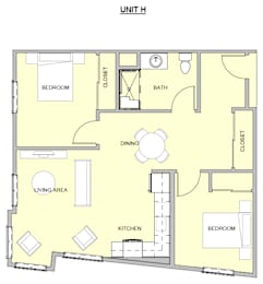 A floor plan of Unit H showing a bedroom, living area, kitchen, dining area, bathroom, and closet.