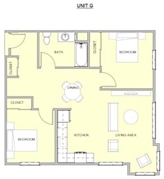 A floor plan of Unit G showing a living area, kitchen, dining area, and two bedrooms.