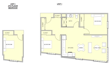 A floor plan of a 4th floor bedroom with a bathroom and closet.
